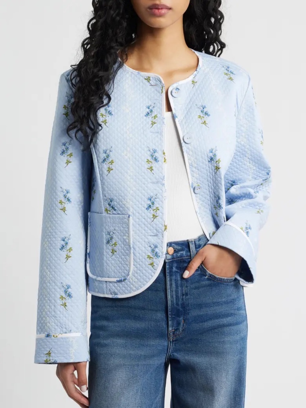 Hill House The Rowan Quilted Crop Jacket Cotton  Bluebell Waltz Medium
